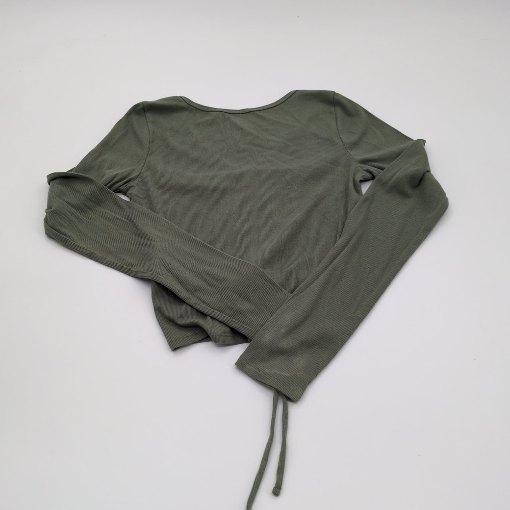 Hollister Ruched Front Crop Top Size S Olive Green Long Sleeve Drawstring Ribbed - Picture 2 of 8